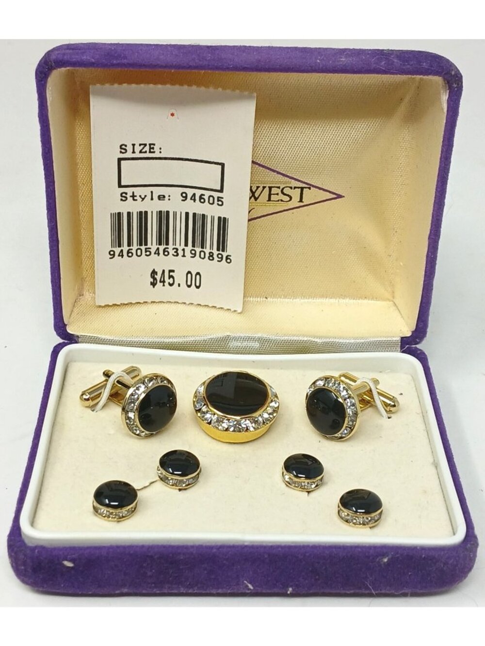 VTG Lord West Mens GoldTone Cufflinks & Studs Set Black Stone Crystal W/ Box #J4